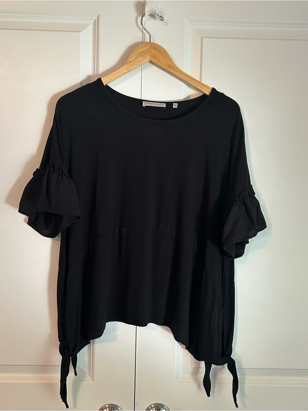 Patrizia Luca Milano blouse black ruffle trim hemline with side ties oversized